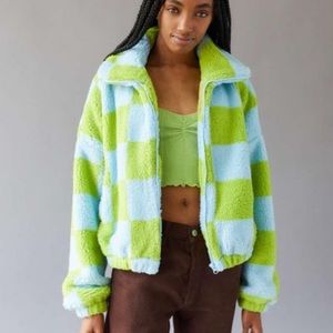 NWT! Urban Outfitters UO Olivia Print Sherpa Jacket - turquoise/green XS